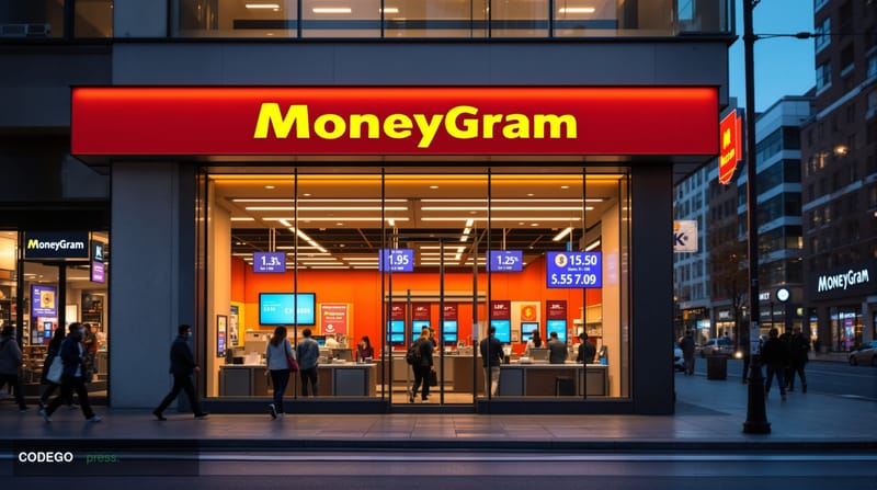 A photorealistic editorial photograph showing a bustling urban MoneyGram retail location with distinctive red and yellow sign