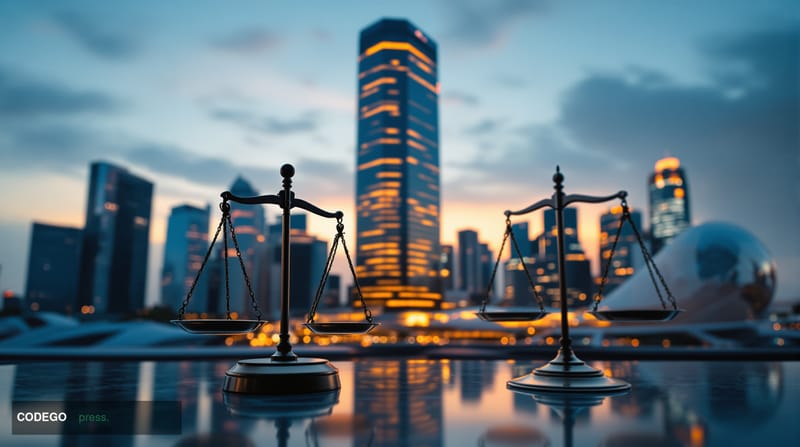 A dramatic cinematic photograph of the modern KuCoin headquarters building in Singapore's Central Business District, shot dur