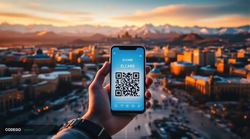 A cinematic editorial photograph showcasing the Bishkek skyline with the distinctive Ala-Too Square and government buildings,