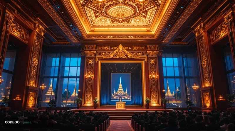 A cinematic editorial photograph capturing the grandeur of international central banking diplomacy in Phnom Penh, Cambodia. T