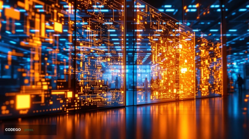 A dramatic cinematic photograph of a high-tech semiconductor manufacturing facility viewed through floor-to-ceiling windows, 