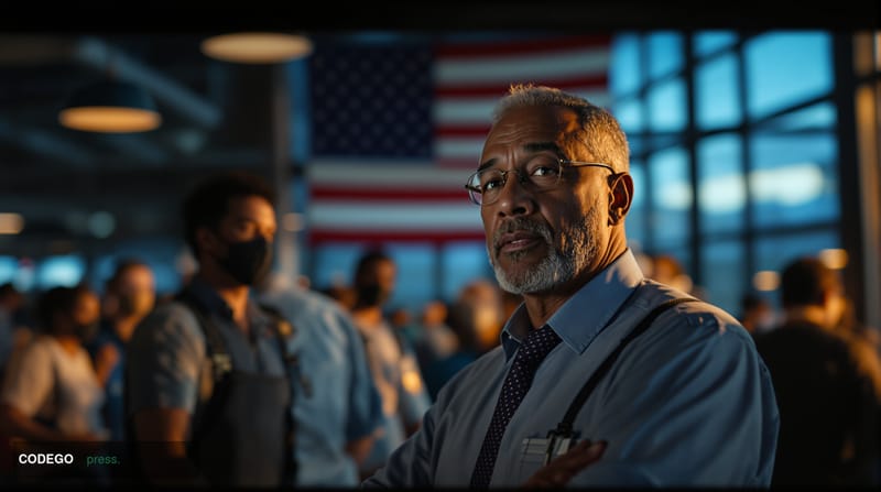 A cinematic editorial photograph capturing the human impact of structural unemployment in America. The scene shows a diverse 