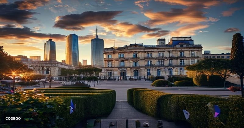 A dramatic photorealistic editorial photograph capturing the Élysée Palace in Paris during golden hour, with the French presi