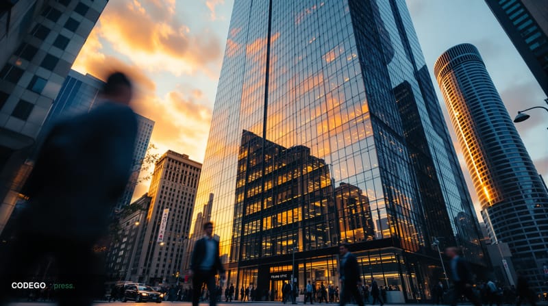A cinematic editorial photograph capturing the imposing glass and steel facade of JPMorgan Chase headquarters at 270 Park Ave
