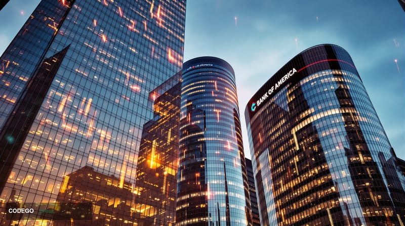 A cinematic editorial photograph showcasing the imposing glass and steel facades of three major banking headquarters in lower