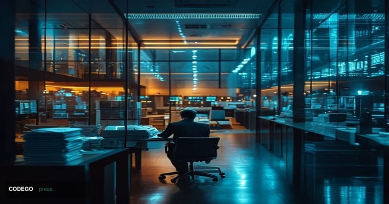 A dramatic photorealistic editorial photograph showcasing the stark contrast between AI ambition and manual banking reality. 