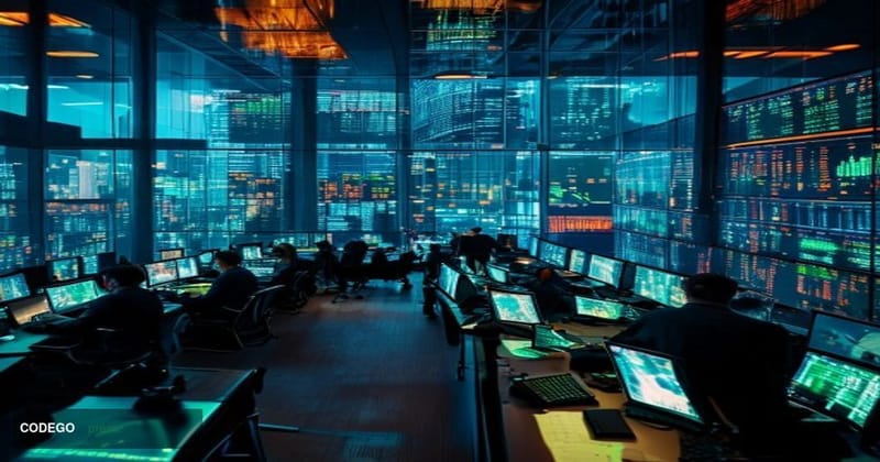 A cinematic editorial photograph of a modern financial trading floor during market hours, shot from an elevated angle showing