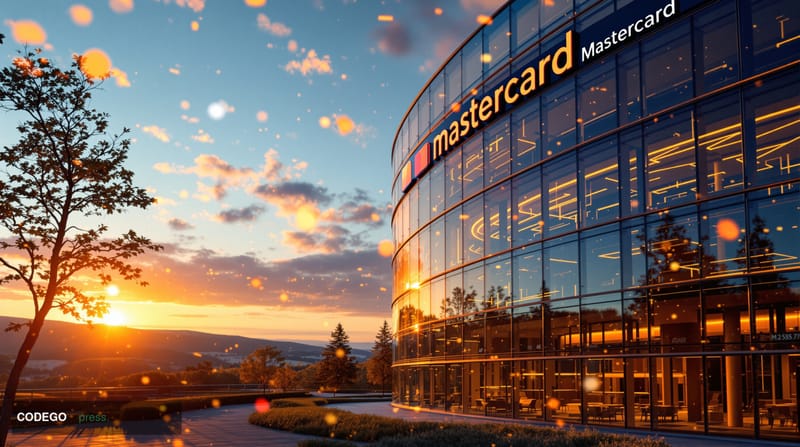 A cinematic editorial photograph showcasing Mastercard's headquarters in Purchase, New York, with the distinctive modernist c
