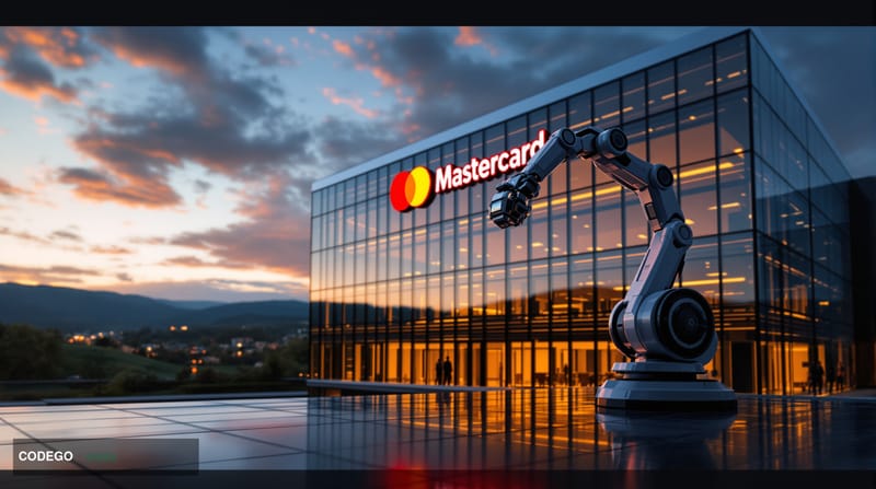 A cinematic wide-angle photograph of Mastercard's Purchase, New York headquarters building at golden hour, with the distincti