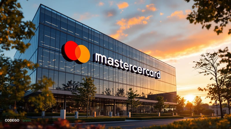 A photorealistic editorial photograph showcasing Mastercard's global headquarters in Purchase, New York, with the iconic inte