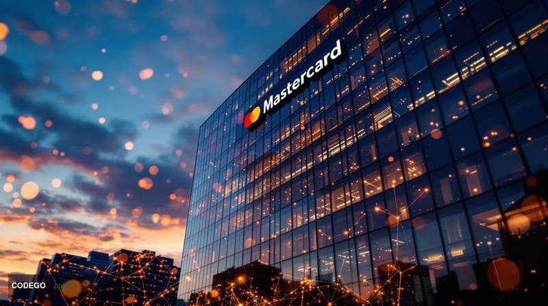 A cinematic editorial photograph of Mastercard's Purchase, New York headquarters building at sunset, with the iconic red and 