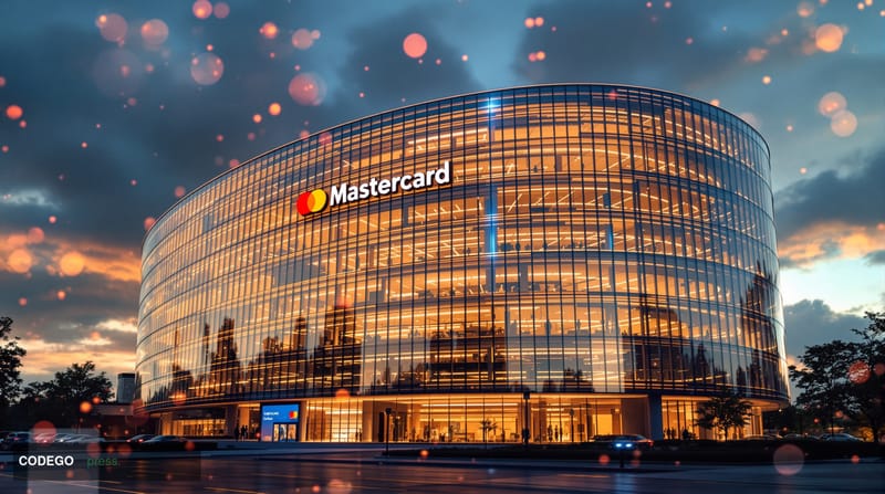 A photorealistic editorial photograph showing Mastercard's global headquarters in Purchase, New York, with the distinctive cu