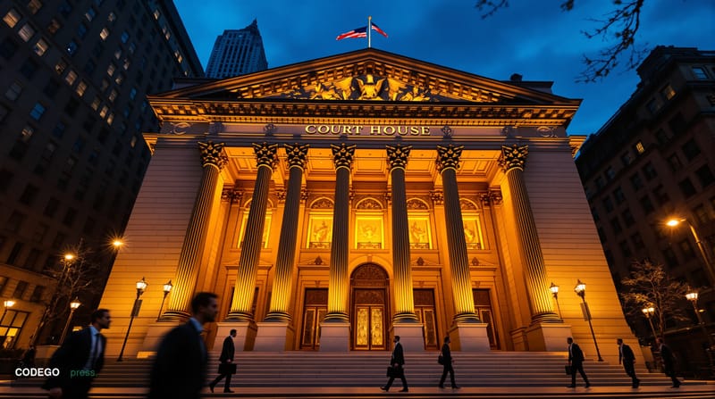 A dramatic photorealistic editorial photograph of the imposing United States Courthouse for the Southern District of New York