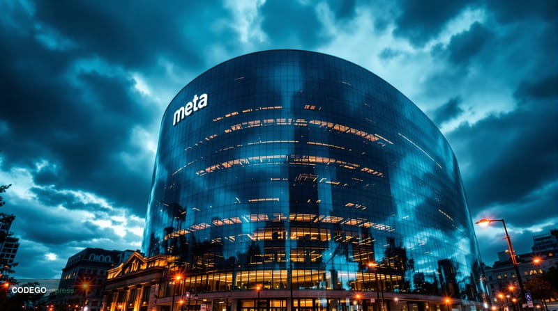 A dramatic editorial photograph showing Meta's imposing glass headquarters in Menlo Park, California, shot from a low angle a