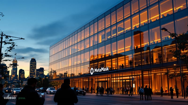 A dramatic editorial photograph showing the MetaMask headquarters building in San Francisco's tech district, shot during gold