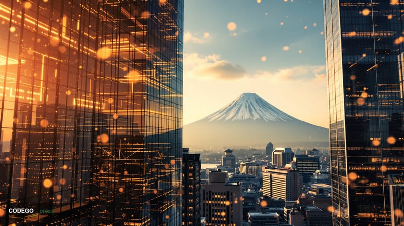 A cinematic editorial photograph showcasing Tokyo's financial district with Mount Fuji visible in the background, representin