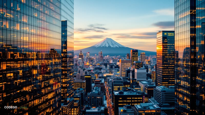 A cinematic editorial photograph showcasing Tokyo's financial district with Mount Fuji visible in the background, shot during
