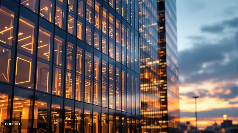 A photorealistic 8K editorial photograph showing the European Central Bank headquarters in Frankfurt, Germany, with its disti