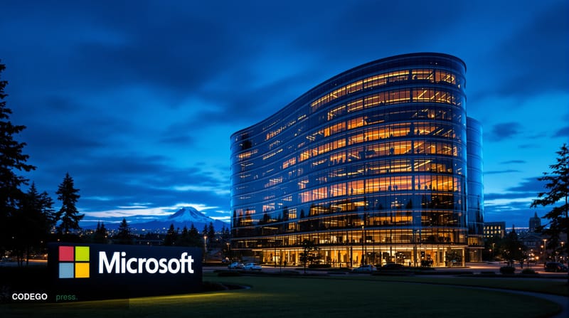A cinematic editorial photograph of Microsoft's Redmond headquarters campus at dusk, featuring the iconic curved glass buildi