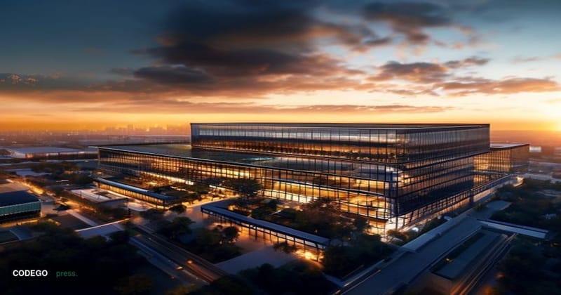 A photorealistic aerial view of MicroStrategy's headquarters in Tysons Corner, Virginia during golden hour, with dramatic chi