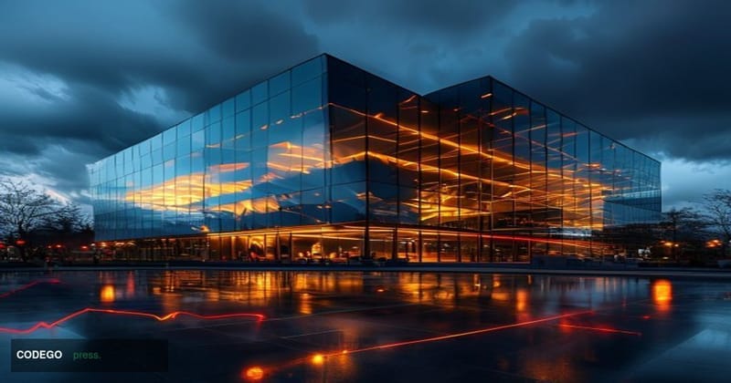 A photorealistic editorial photograph capturing MicroStrategy's corporate headquarters in Tysons Corner, Virginia, with its d