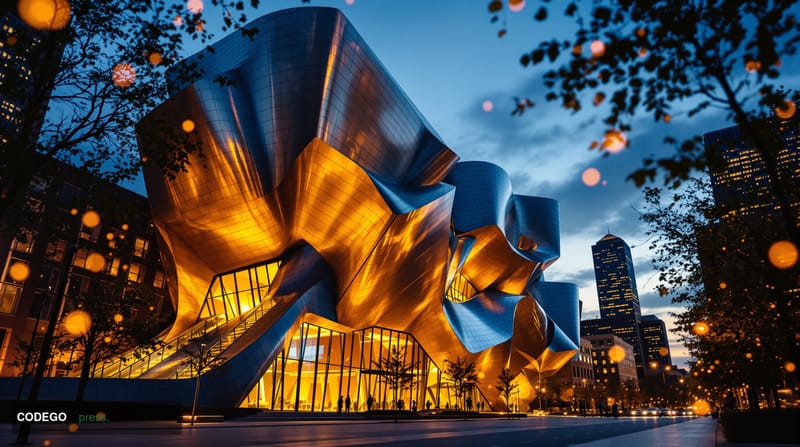 A dramatic cinematic photograph of MIT's iconic Stata Center building in Cambridge, Massachusetts, captured during the golden