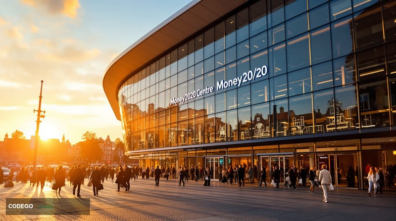 A striking cinematic editorial photograph of the RAI Amsterdam Convention Centre during Money20/20 Europe 2026, captured from