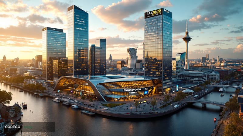 A sweeping aerial view of Amsterdam's iconic financial district during the Money20/20 conference, showcasing the modern glass