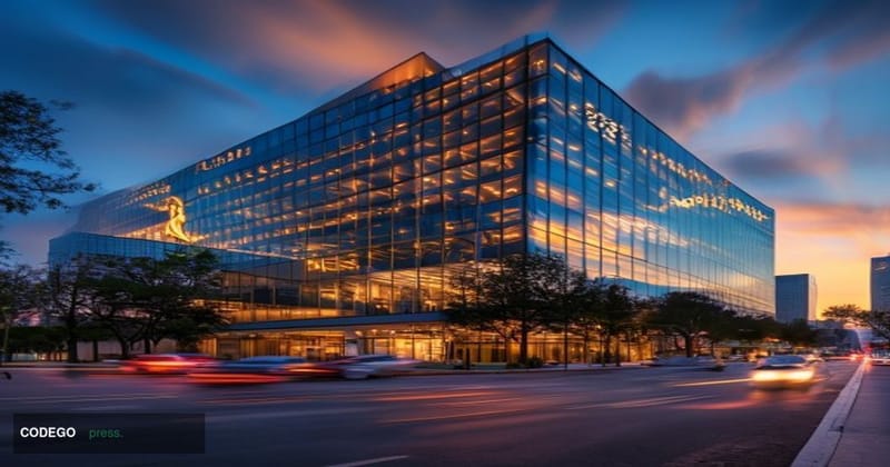 A cinematic editorial photograph of MoneyGram's corporate headquarters in Dallas, Texas, shot during golden hour with dramati
