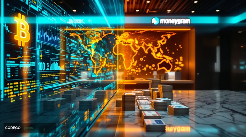 A sleek modern financial hub showing a split-screen composition: on the left side, a digital interface displaying Bitcoin and