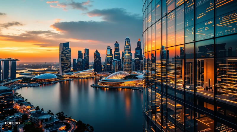 A photorealistic editorial photograph capturing Singapore's financial district at golden hour, with the iconic Marina Bay San