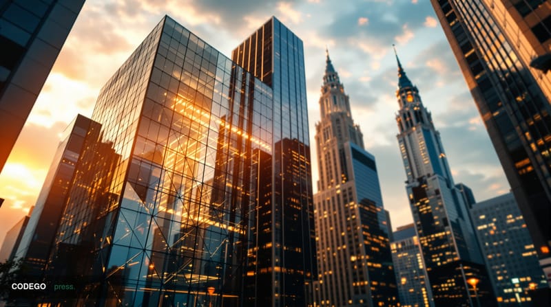 A cinematic editorial photograph showcasing the convergence of traditional and decentralized finance through architectural sy