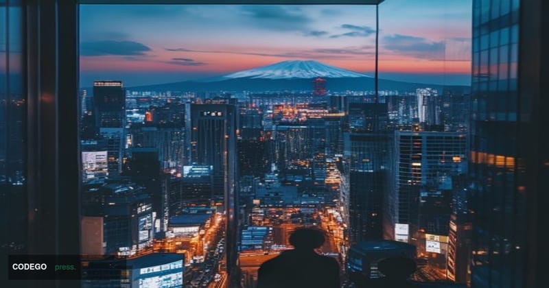 A dramatic photorealistic editorial photograph showing the iconic Tokyo skyline at dusk with Mt. Fuji visible in the distance