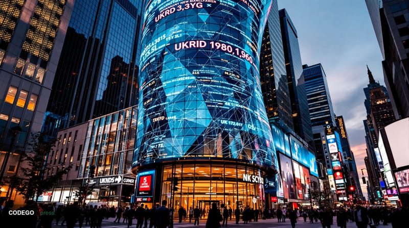 A cinematic editorial photograph of the iconic Nasdaq MarketSite building in Times Square, New York, captured during the gold