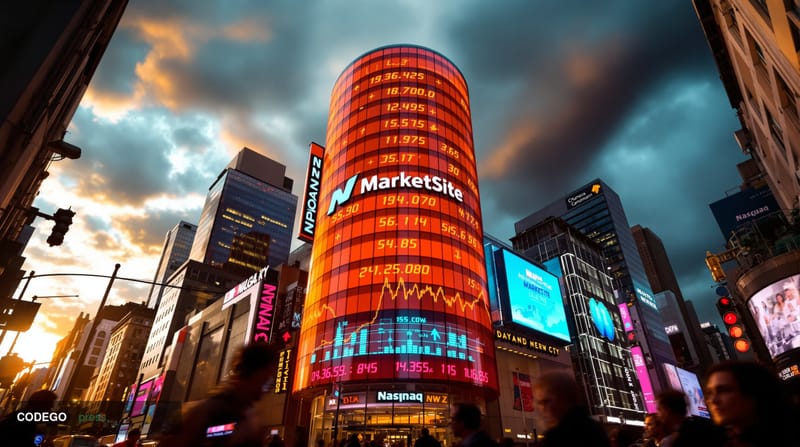 A dramatic cinematic photograph of the NASDAQ MarketSite building in Times Square, New York City, captured during golden hour