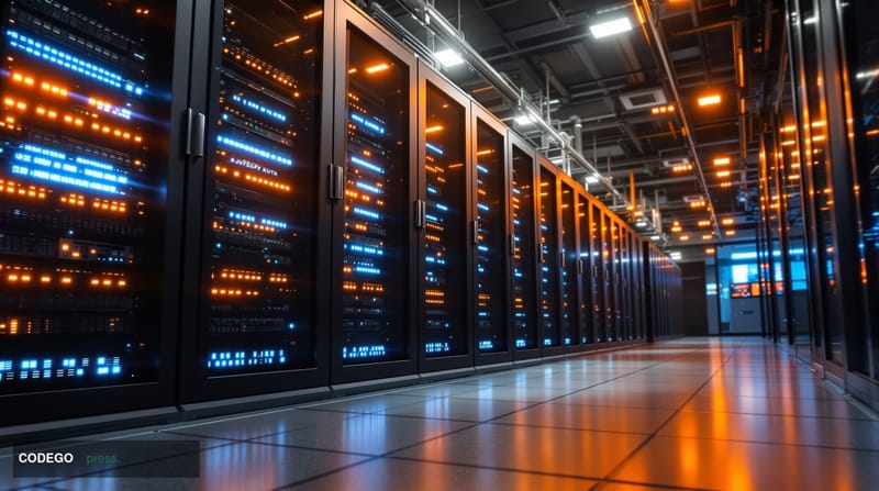A cinematic editorial photograph showcasing the technological convergence of enterprise AI infrastructure in a modern data ce