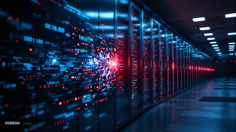 A dramatic split-screen composition showing a sleek, modern cryptocurrency exchange server room with rows of illuminated serv