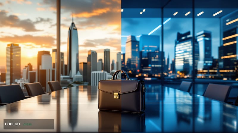 A cinematic editorial photograph showcasing the global nature of fintech executive transitions, featuring a split composition