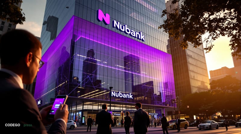 A photorealistic editorial photograph showing the distinctive purple-branded Nubank headquarters building in São Paulo, Brazi