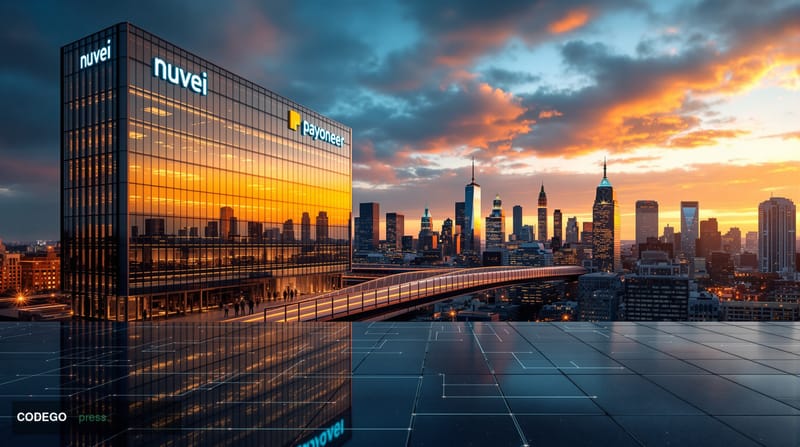 A cinematic editorial photograph showcasing the merger of two major fintech headquarters representing this transformative cro