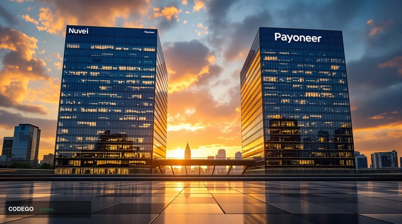 A cinematic editorial photograph showing the imposing glass facades of two modern corporate headquarters buildings representi