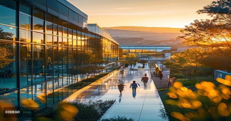 A striking editorial photograph of Nvidia's sprawling Santa Clara headquarters complex at golden hour, with the iconic Nvidia