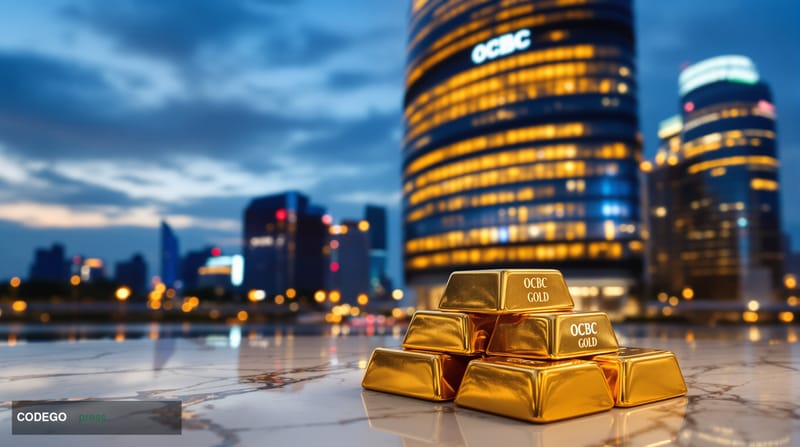 A dramatic editorial photograph of OCBC Bank's distinctive Singapore headquarters tower in the Marina Bay financial district,
