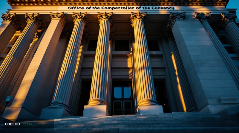 A dramatic editorial photograph of the Office of the Comptroller of the Currency headquarters in Washington D.C., shot from a