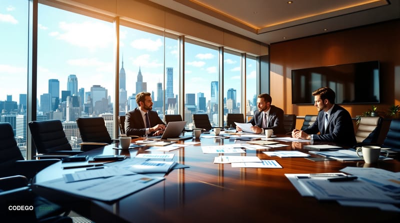 A sophisticated corporate boardroom scene featuring executives reviewing acquisition documents, with the Manhattan skyline vi