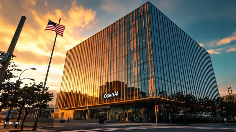 A dramatic low-angle photograph of the OpenAI headquarters building in San Francisco's Mission Bay district, captured during 