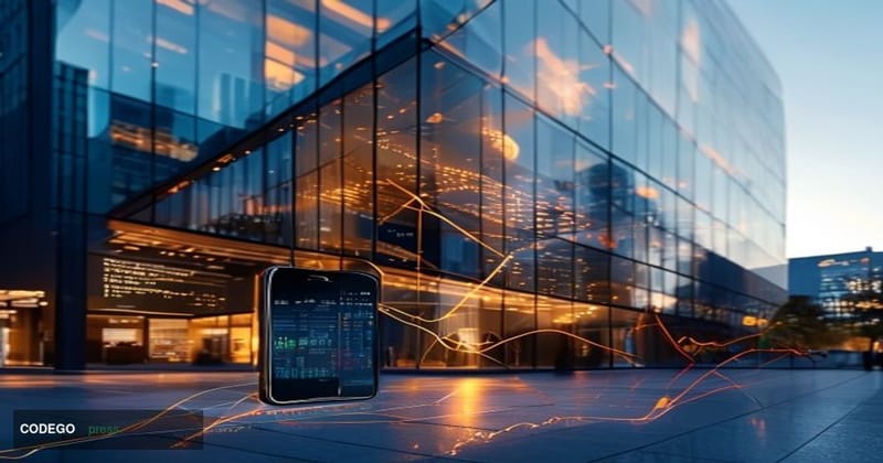 A photorealistic editorial photograph showing the distinctive modern glass facade of OpenAI's San Francisco headquarters buil