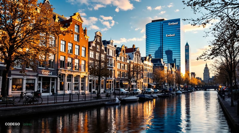 A photorealistic editorial photograph showing Amsterdam's iconic canal district with modern fintech office buildings in the b