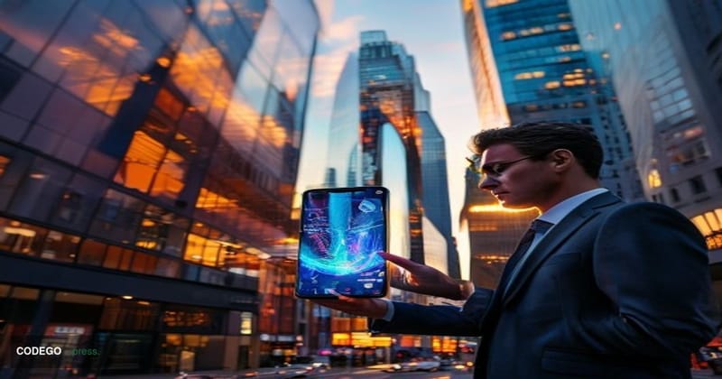 A cinematic editorial photograph showcasing the convergence of traditional finance and digital payments innovation. The scene