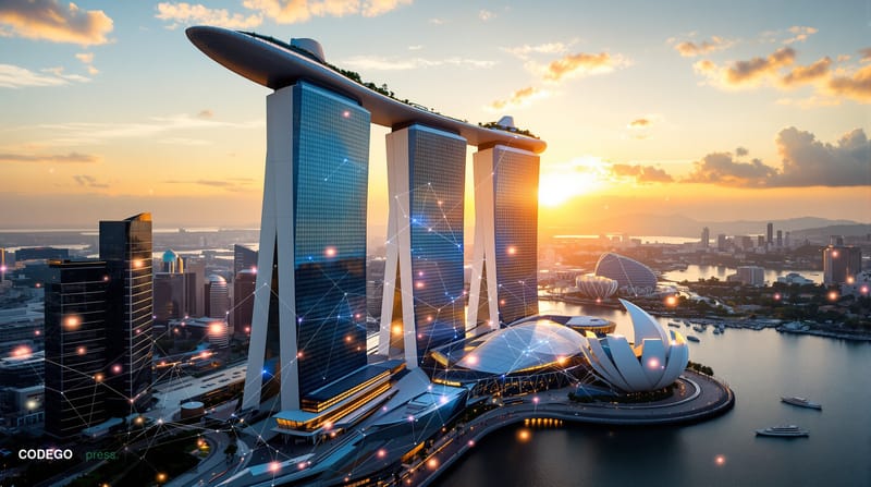 A photorealistic editorial photograph showcasing the Asia Pacific financial technology landscape through a dramatic aerial vi